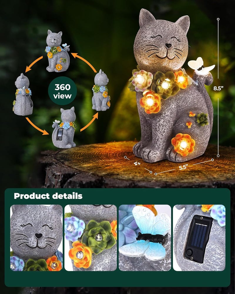 Vuees Solar Garden Statues Outdoor Decor, 6 LED Cat Flowers Butterfly Figurine Lights, Waterproof for Balcony Patio Porch Lawn Yard Ornament Art - Gift Ideas for Housewarming Gardening Grandma Women - Image 4